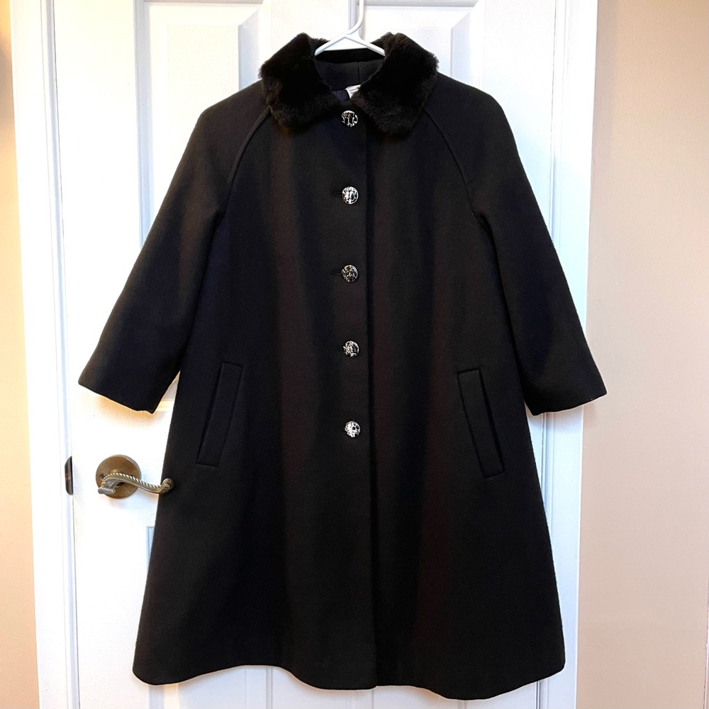 Vintage 50-60s Pierre Cardin Paris Wool & Fur trim Black Coat